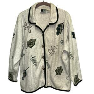 Bold Spirit Petite Leaf Print Fleece Jacket Cardigan Button Front Vintage